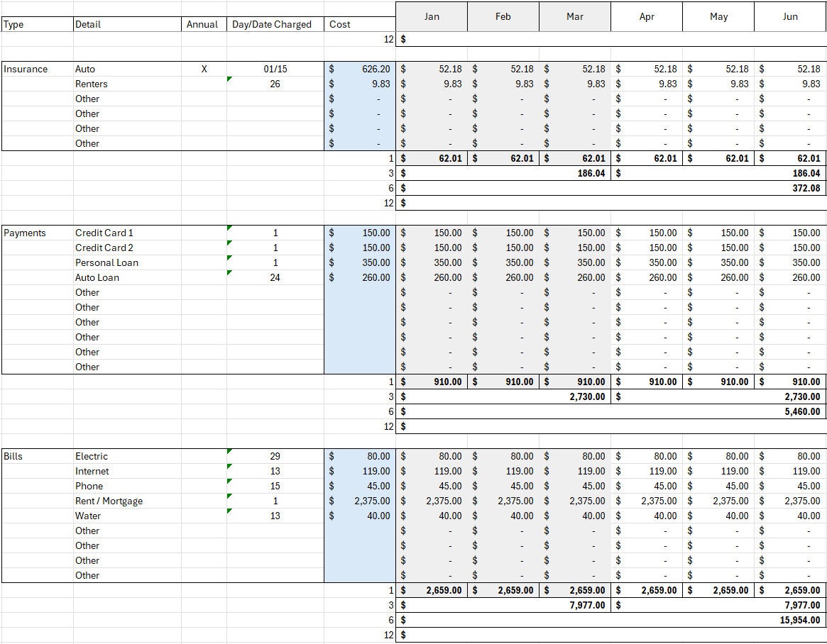 Recurring Expense Matrix Monthly Recurring Expenses Excel - Etsy