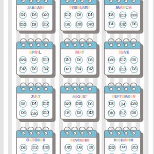May include: A Monthly Roll and Save savings tracker featuring twelve blue calendar icons, one for each month from January to December. Each calendar contains six circles with D4, D6, D8, D10, D12, or D20 text. The website www.budgetyourlife.com is at the bottom.