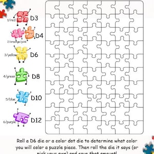 May include: A printable puzzle savings tracker featuring a blank grid of puzzle pieces, a color-coded legend with cartoon puzzle characters labeled 1 through 6, and the text www.budgetyourlife.com and instructions for rolling dice to save money.