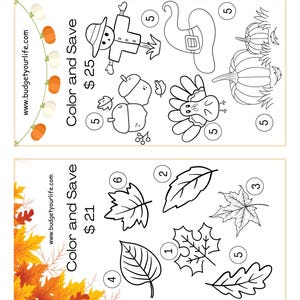 May include: Two printable coloring pages with a Thanksgiving theme. One page features a scarecrow, acorns, a turkey, a cornucopia, and pumpkins. The other page has various leaf illustrations. The text "Color and Save" is present.