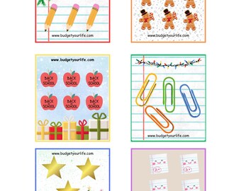 May include: A set of six printable back to school themed stickers featuring a variety of school supplies and holiday imagery. The stickers include pencils, gingerbread men, apples, paper clips, stars, and a Christmas tree. The stickers are all on a white background with a blue border and the website address "www.budgetyourlife.com" printed at the bottom.