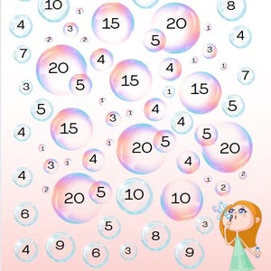 May include: A whimsical illustration features numerous bubbles with numbers inside, ranging from 1 to 20, against a gradient pink background. A cartoon girl blows bubbles. Text at the bottom reads "Save $425" and "www.budgetyourlife.com".