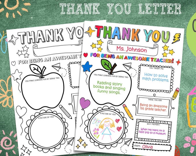 Teacher Appreciation Thank You Letter Printable, Instant Download, Print at Home