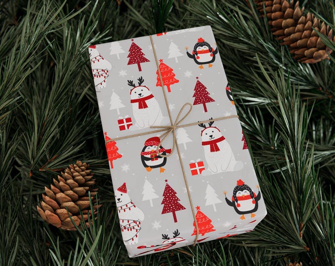 Penguins and Polar Bears Christmas Wrapping Paper Roll, Christmas Gift Wrap, Christmas Wrapping Paper, Cute Christmas Wrap