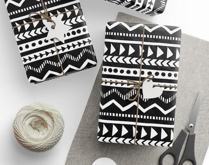 Black and White Tribal Wrapping Paper, Black & White Gift Wrap, African Tribal Gift Wrap, Black and White Wrapping Paper Roll