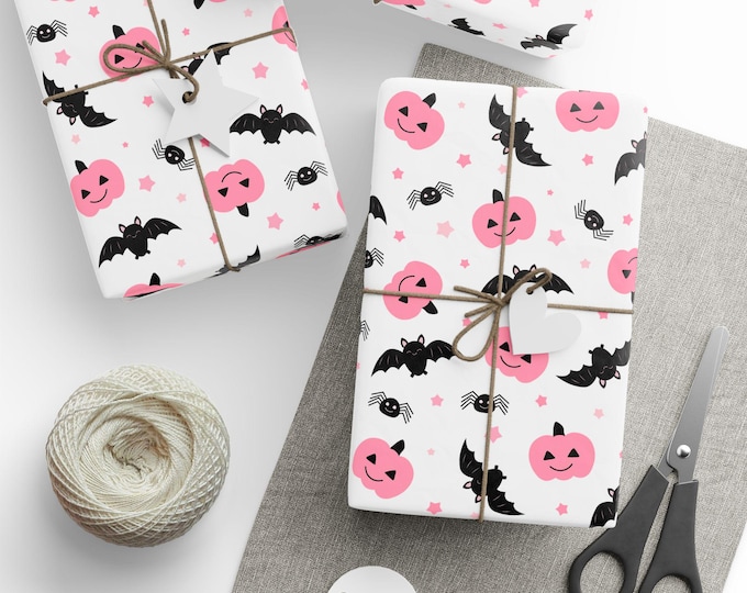 Pink Halloween Wrapping Paper, Pink Pumpkins and Bats Gift Wrap, Pink Halloween Gift Wrap, Cute Pink Halloween Gift Wrap
