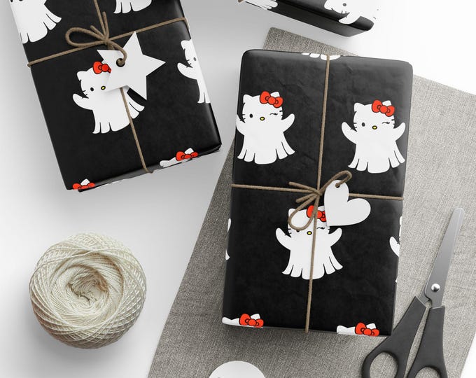 Halloween Hello Kitty Ghost Black Wrapping Paper, Hello Kitty Gift Wrap, Spooky Hello Kitty Gift Wrap, Halloween Hello Kitty Gift Wrap