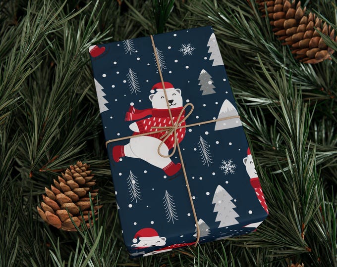 Winter Holiday Wrapping Paper Roll, Wintery Skating Polar Bear Christmas Gift Wrap, Christmas Wrapping Paper, Holiday Gift Wrap