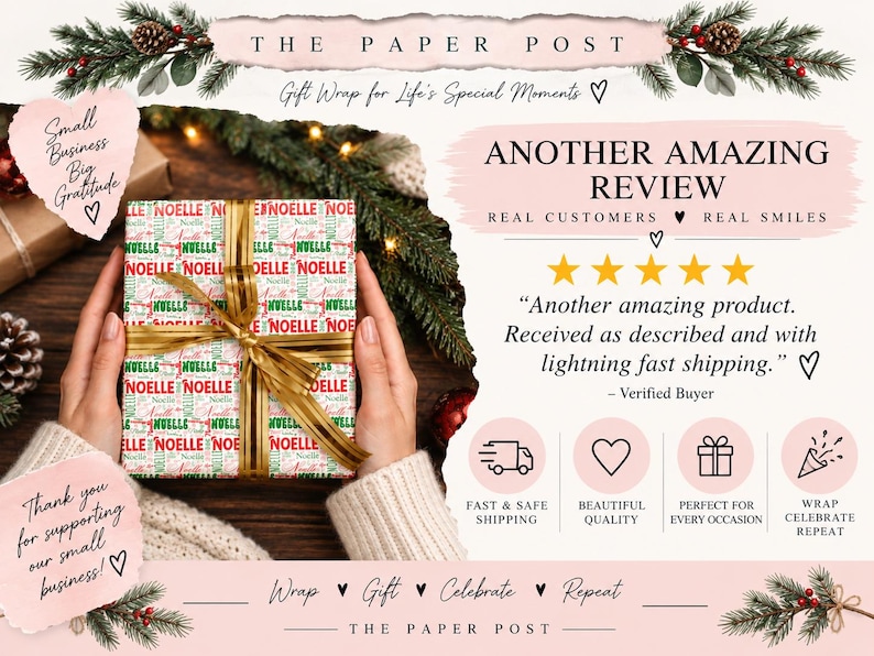May include: A square gift box wrapped in white paper featuring a repeating pattern of the name Noelle in red and green text, tied with a gold ribbon. The text on the box reads Noelle in various fonts and sizes, creating a festive holiday design.