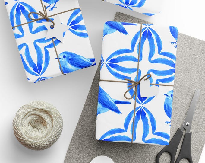 Tile Wrapping Paper, Mediterranean Style Gift Wrap, Decorative Gift Wrap, Bird Pattern Wrapping Paper, Special Occasion Gift Wrap