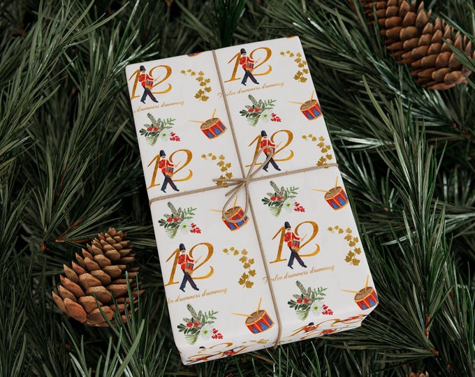 Twelve Days of Christmas Whimsical Gift Wrapping Paper, Twelfth Day of Christmas Gift Wrap, Holiday Gift Wrap
