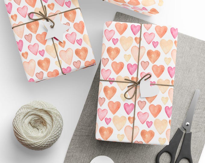 Valentines Day Gift Wrap, Pink Hearts Gift Wrap, Watercolour Hearts Gift Wrap, Wrapping Paper Roll, Valentines Gift Wrap