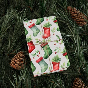 Red and Green Christmas Stockings Gift Wrap, Holiday Wrapping Paper