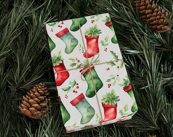 Red and Green Christmas Stockings Gift Wrap, Holiday Wrapping Paper