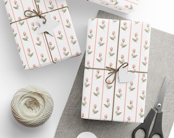 Gift Wrap, Floral Wrapping Paper with Roses and Stripes, Perfect for Birthdays, Weddings, Holidays, Gift Giving, Present Packaging, Wrapping