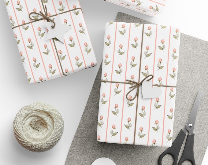 Gift Wrap, Floral Wrapping Paper with Roses and Stripes, Perfect for Birthdays, Weddings, Holidays, Gift Giving, Present Packaging, Wrapping