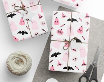 Roze Halloween-inpakpapier: pompoenen, spoken, vleermuizen (glanzend)