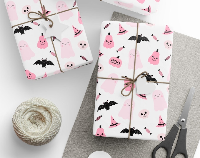 Pink Halloween Wrapping Paper, Pink Halloween Gift Wrap, Pink Gift Wrap, Pink Halloween Pumpkins and Ghosts Gift Wrap