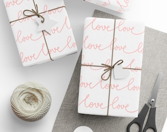 Valentine's Day Gift Wrap, Pink Love Script, Glossy or Matte
