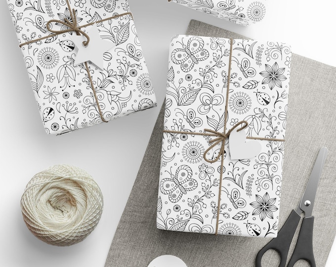Colouring Wrapping Paper - Floral Gift Wrap, Kids & Adult Colouring Paper, Fun Craft Activity, Gift Wrap Set, Holiday Gift Wrap
