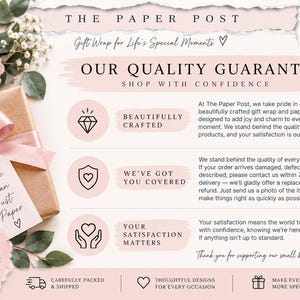 May include: A promotional graphic for The Paper Post featuring a gift box with a pink ribbon and tag reading More Than Just Paper. The text outlines a quality guarantee, including sections on beautifully crafted items, coverage, and satisfaction.