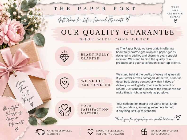 May include: A promotional graphic for The Paper Post featuring a gift box with a pink ribbon and tag reading More Than Just Paper. The text outlines a quality guarantee, including sections on beautifully crafted items, coverage, and satisfaction.