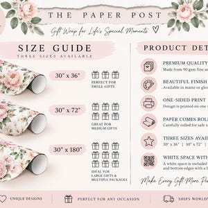 May include: A size guide and product detail infographic for floral gift wrap. It displays three rolls of paper with pink peonies and green leaves, listing sizes 30" x 36", 30" x 72", and 30" x 180". Text includes The Paper Post, product specs, and icons.