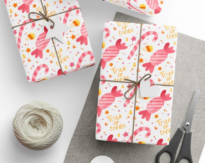 Pink Halloween, Watercolour Gift Wrap, Halloween Pink Gift Wrap, Pink Candy Cane Gift Wrap, Pink Halloween Candy, Pink Halloween Gift Wrap
