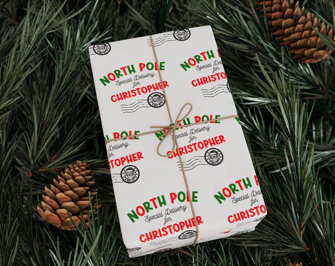 Personalized Wrapping Paper, Custom Name Gift Wrap, North Pole Special Delivery, Santa and Elves Gift Wrap, Christmas Gift Wrap for Kids