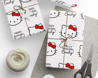 Hello Kitty Pattern Wrapping Paper | Cute Cat Gift Wrap, Pink Bow Print