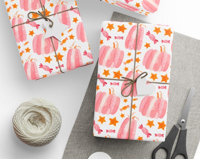 Pink Halloween, Watercolour Gift Wrap, Halloween Pink Gift Wrap, Pink Pumpkins Gift Wrap, Pink Halloween Candy, Pink Halloween Gift Wrap
