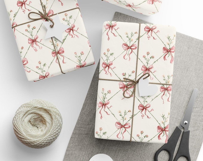 Watercolor Pink Ribbon Floral Wrapping Paper | Vintage Bows, Birthday Gift Wrap