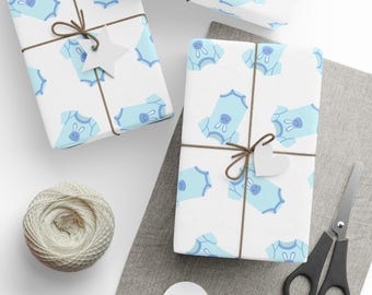 Baby Boy Gift Wrap, Blue Onesie Pattern, Baby Shower Wrapping Paper