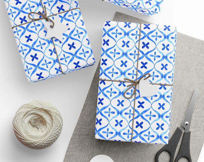 Blue Ceramic Tile Wrapping Paper, Blue Ceramic Tile Gift Wrap, Mediterranean Tile Gift Wrap, Wedding Gift Wrap, Wrapping Paper Roll