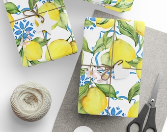 Gift Wrap Paper, Mediterranean Summer Lemons Design, Eco-Friendly & Premium, Special Occasions, Birthday, Baby Shower, Wrapping Papers, Gift