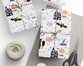 Leuke cadeauverpakking voor halloween, spookachtige zwarte kat, pompoenen, vleermuizen