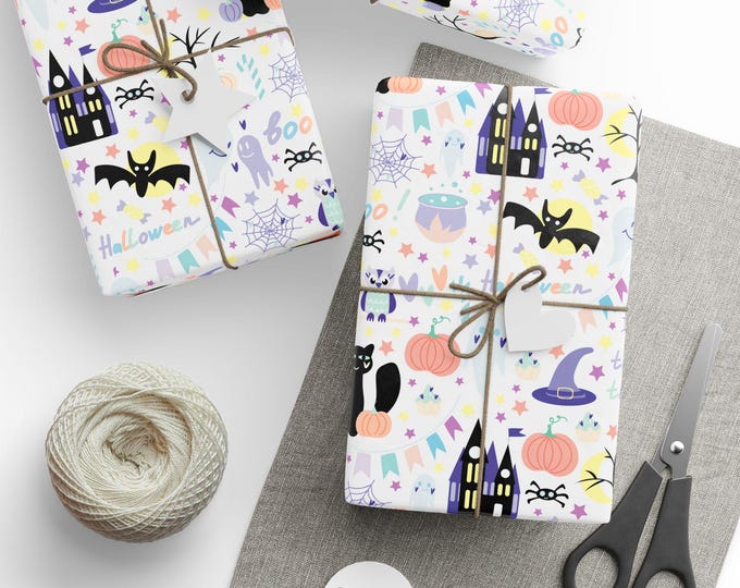 Cute Halloween Wrapping Paper, Halloween Gift Wrap, Trick or Treat Gift Wrap, Spooky Black Cat, Pumpkins, Bats, Wrapping Paper Roll