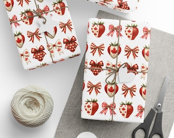Canada Day Coquette Bows and Strawberries, Gift Wrap, Holiday Packaging, Party Supplies, Celebration Decor, Unique Design