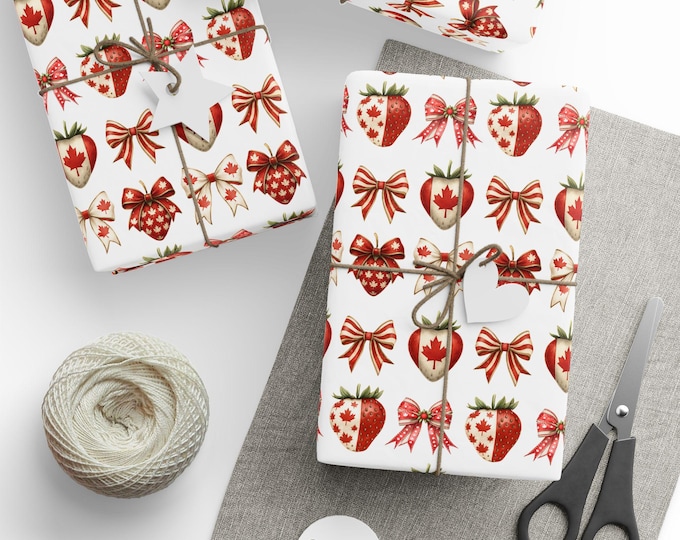 Canada Day Coquette Bows and Strawberries, Gift Wrap, Holiday Packaging, Party Supplies, Celebration Decor, Unique Design