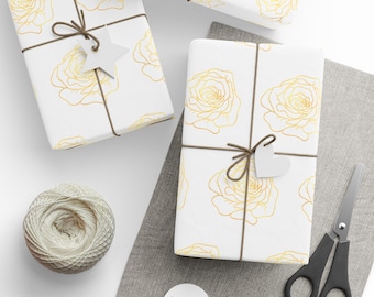 Metallic Gold Rose Blooms Wrapping Paper, Minimalist Gift Wrap, Floral Gift Wrap, Wedding Wrapping Paper