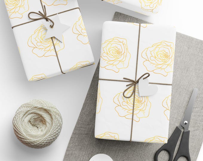 Metallic Gold Rose Blooms Wrapping Paper, Minimalist Gift Wrap, Floral Gift Wrap, Wedding Wrapping Paper