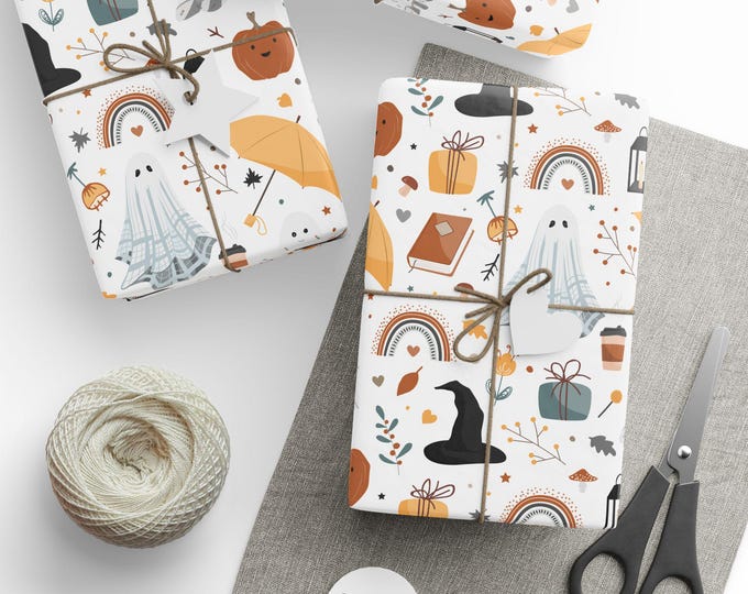 Halloween Wrapping Paper, Spooky Halloween Gift Wrap, Boho Halloween Gift Wrap, Spooky Ghosts, Pumpkins, Rainbows, Wrapping Paper Roll