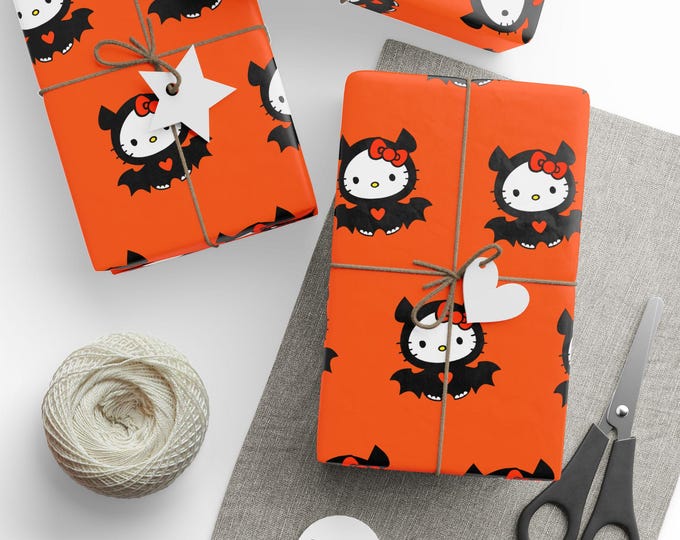 Halloween Vampire Hello Kitty Orange Wrapping Paper, Hello Kitty Gift Wrap, Spooky Hello Kitty Gift Wrap, Halloween Hello Kitty Gift Wrap