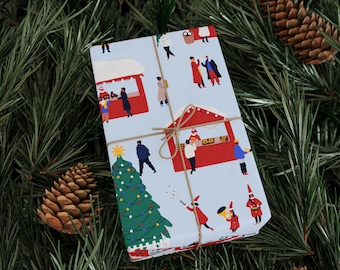 Holiday Market Wrapping Paper Roll, Christmas Market Gift Wrap, Wintery Christmas Wrapping Paper,, Winter Holiday Gift Wrap