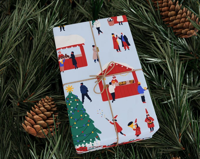 Holiday Market Wrapping Paper Roll, Christmas Market Gift Wrap, Wintery Christmas Wrapping Paper,, Winter Holiday Gift Wrap
