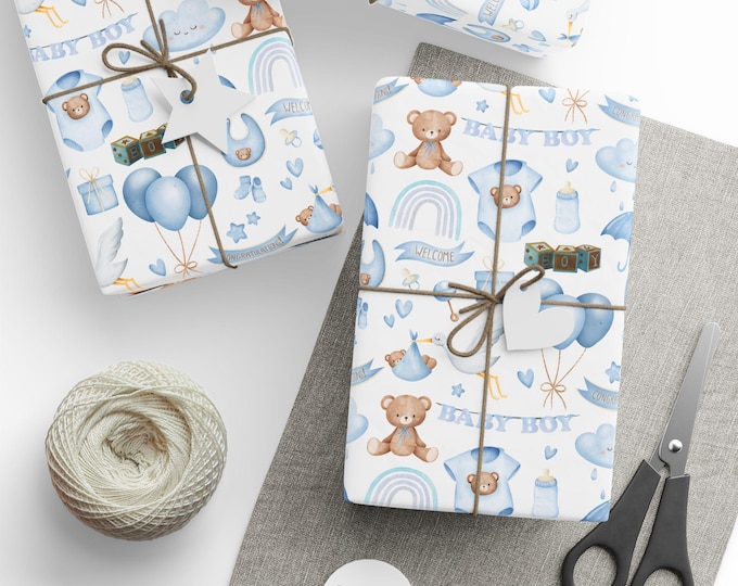 Wrapping Paper, Baby Boy Gift Wrap, Baby Blue Gift Wrap, Baby Shower Gift Wrap, Baby Boy Wrapping Paper