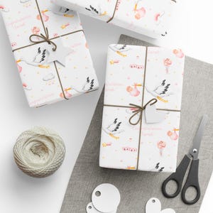 Personalized Baby Shower Gift Wrap, Custom Name Gift Wrap, Pink Baby Shower Gift Wrap, Baby Shower Wrap for Baby Girl, Stork Baby Gift Wrap