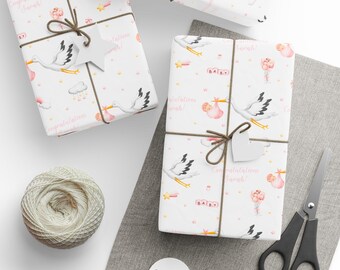 Personalized Stork Baby Shower Gift Wrap, Pink Girl Name