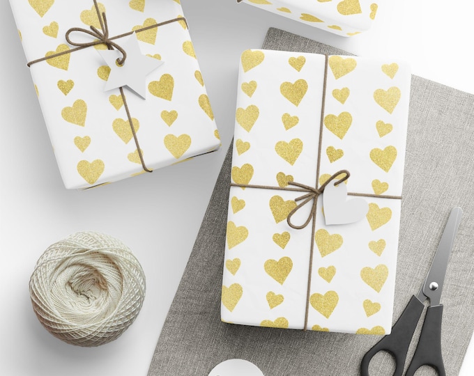 Valentines Day Gift Wrap, Gold Hearts Gift Wrap, Wedding Gift Wrap, Wedding Wrapping Paper, Special Occasion Gift Wrap, Celebration Wrap