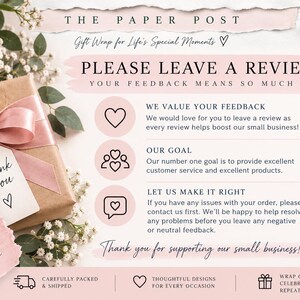 May include: A promotional graphic for The Paper Post featuring a gift box with a pink ribbon and a thank you tag. The text includes requests for customer reviews, feedback, and support for small business, alongside icons of hearts and people.